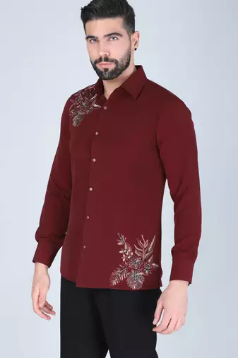 Maroon hand embroidered Long sleeve shirt for men