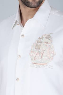White hand embroidered Long sleeve shirt for men 4