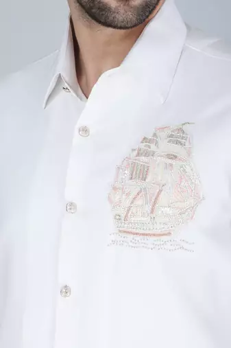 White hand embroidered Long sleeve shirt for men
