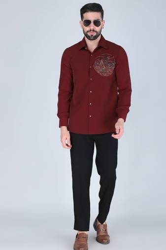 Maroon hand embroidered Long sleeve shirt for men