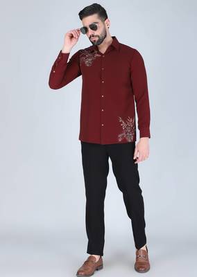 Maroon hand embroidered Long sleeve shirt for men 3