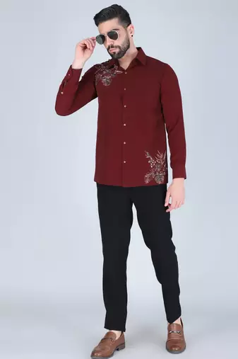Maroon hand embroidered Long sleeve shirt for men