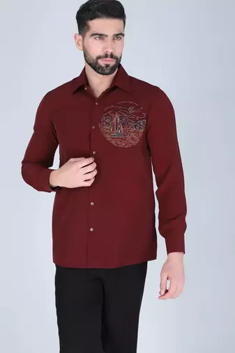 Maroon hand embroidered Long sleeve shirt for men