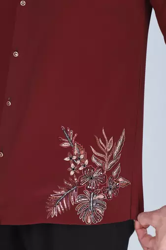 Maroon hand embroidered Long sleeve shirt for men