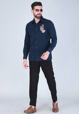 Navy blue hand embroidered Long sleeve shirt for men 1