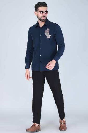 Navy blue hand embroidered Long sleeve shirt for men