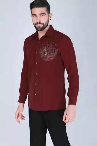 Maroon hand embroidered Long sleeve shirt for men
