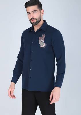 Navy blue hand embroidered Long sleeve shirt for men 2