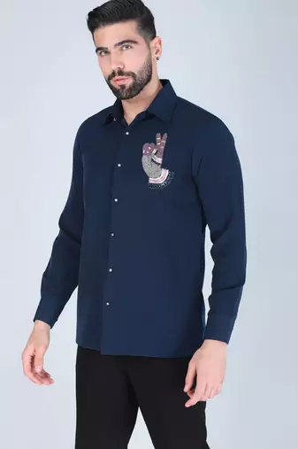 Navy blue hand embroidered Long sleeve shirt for men
