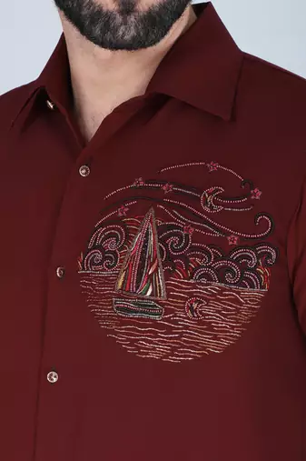 Maroon hand embroidered Long sleeve shirt for men