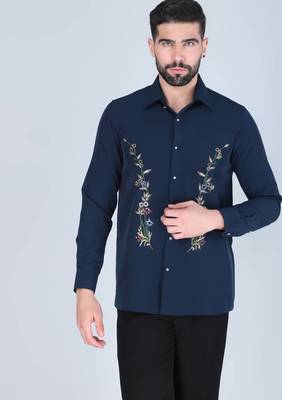 Navy blue hand embroidered Long sleeve shirt for men 1