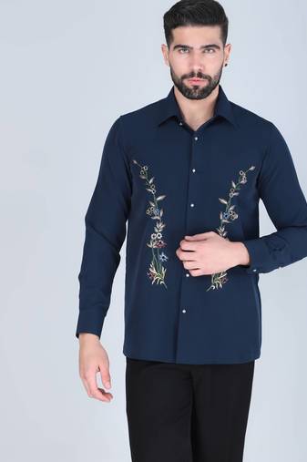 Navy blue hand embroidered Long sleeve shirt for men