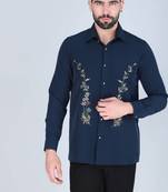 Navy blue hand embroidered Long sleeve shirt for men