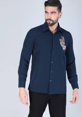 Navy blue hand embroidered Long sleeve shirt for men 3