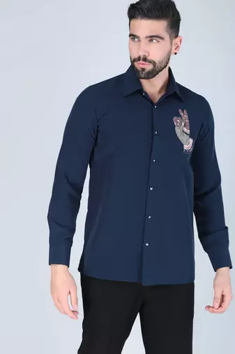 Navy blue hand embroidered Long sleeve shirt for men