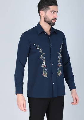 Navy blue hand embroidered Long sleeve shirt for men 2