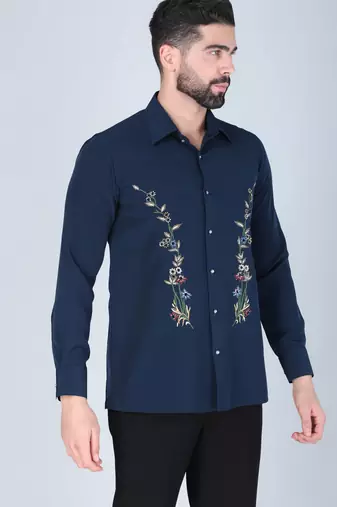 Navy blue hand embroidered Long sleeve shirt for men