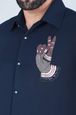 Navy blue hand embroidered Long sleeve shirt for men 4