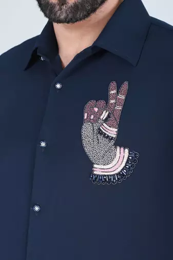 Navy blue hand embroidered Long sleeve shirt for men