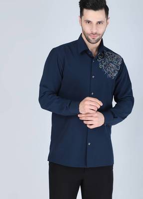 Navy blue hand embroidered Long sleeve shirt for men 1