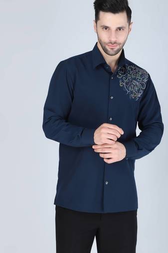 Navy blue hand embroidered Long sleeve shirt for men