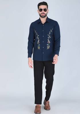 Navy blue hand embroidered Long sleeve shirt for men 3