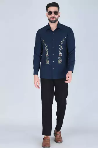 Navy blue hand embroidered Long sleeve shirt for men