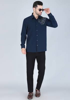 Navy blue hand embroidered Long sleeve shirt for men 2