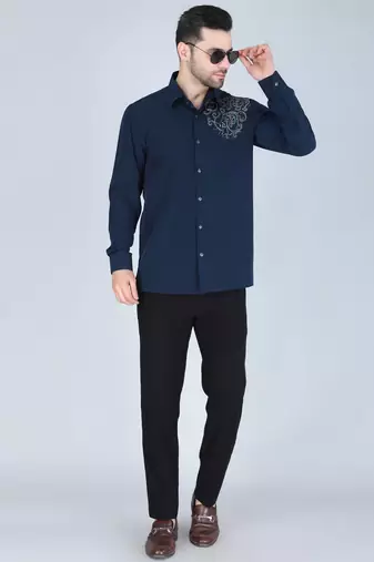 Navy blue hand embroidered Long sleeve shirt for men