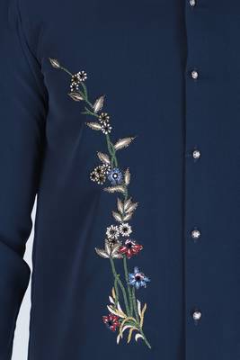 Navy blue hand embroidered Long sleeve shirt for men 4