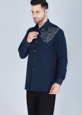 Navy blue hand embroidered Long sleeve shirt for men 3