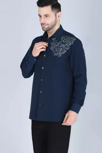 Navy blue hand embroidered Long sleeve shirt for men