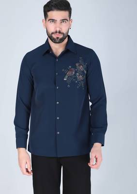 Navy blue hand embroidered Long sleeve shirt for men 1