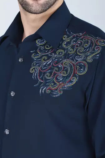 Navy blue hand embroidered Long sleeve shirt for men