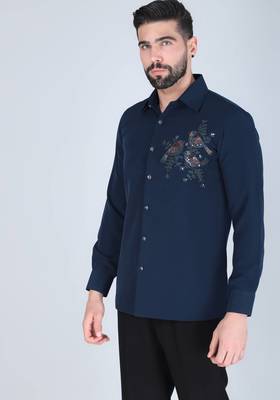 Navy blue hand embroidered Long sleeve shirt for men 2