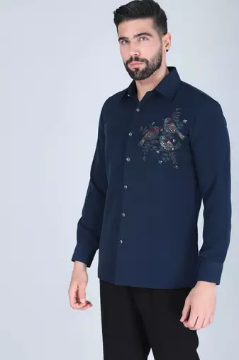 Navy blue hand embroidered Long sleeve shirt for men