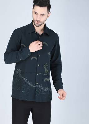 Teal green hand embroidered Long sleeve shirt for men 1
