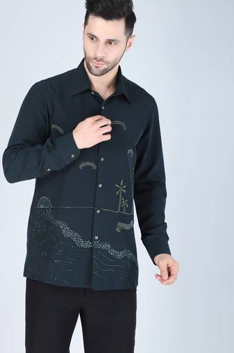 Teal green hand embroidered Long sleeve shirt for men