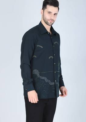 Teal green hand embroidered Long sleeve shirt for men 2