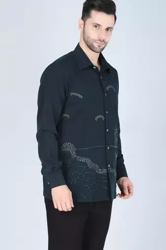 Teal green hand embroidered Long sleeve shirt for men
