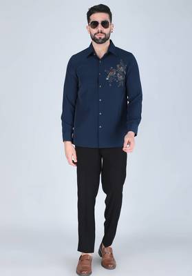 Navy blue hand embroidered Long sleeve shirt for men 3