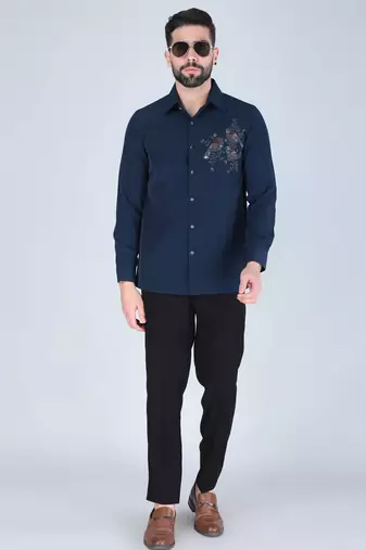 Navy blue hand embroidered Long sleeve shirt for men