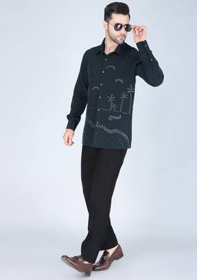 Teal green hand embroidered Long sleeve shirt for men 3