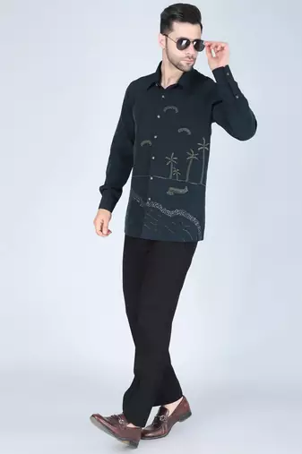 Teal green hand embroidered Long sleeve shirt for men