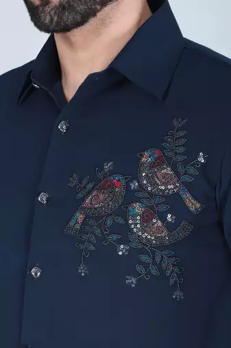Navy blue hand embroidered Long sleeve shirt for men