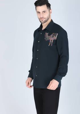 Teal green hand embroidered Long sleeve shirt for men 2