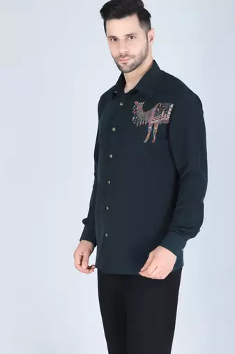 Teal green hand embroidered Long sleeve shirt for men