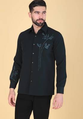 Teal green hand embroidered Long sleeve shirt for men 1