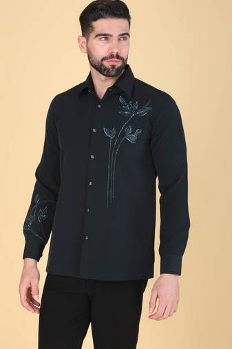 Teal green hand embroidered Long sleeve shirt for men