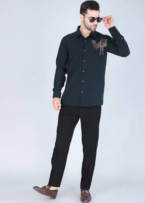 Teal green hand embroidered Long sleeve shirt for men 3